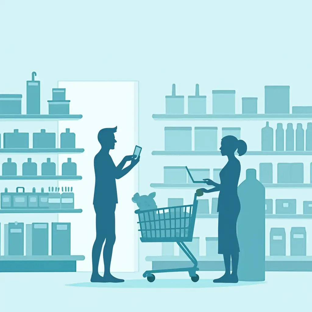 Modern shopper comparing items in minimalist store.