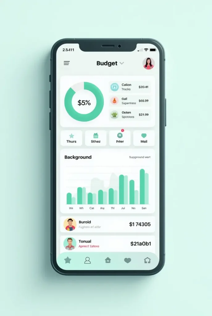 Mobile budget tracking dashboard showing expense categories, spending limits, and financial goal progress on smartphone screen